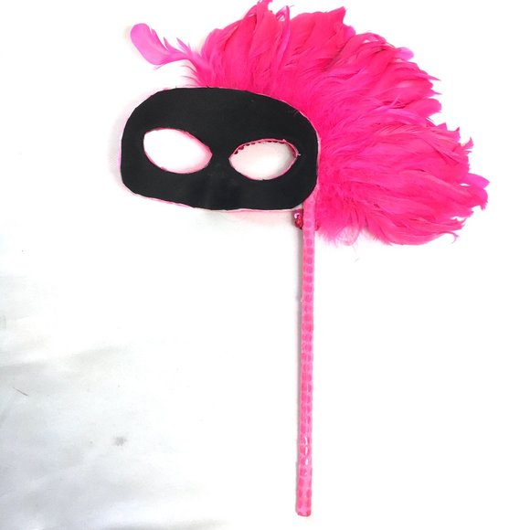 VENETIAN Mask Pink Sequin w Pink Feathers W/ Handle * NWOT NOS - Picture 4 of 6